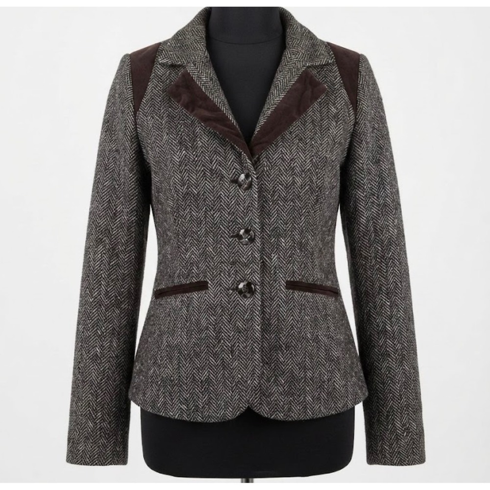 Y2K Dollhouse Brown Herringbone Tweed Velvet Trim Blazer Jacket Sz S 
Preppy